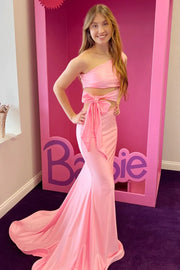 Pink One Shoulder Illusion Mermaid Party Prom Dress