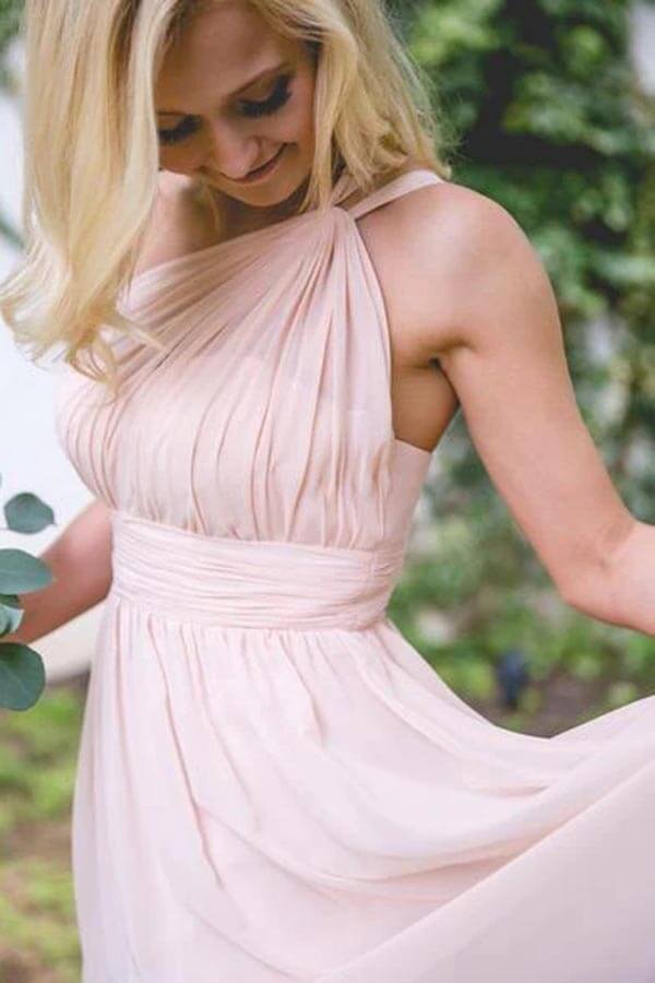 Pink One Shoulder Sleeveless Chiffon A-Line Bridesmaid Dress