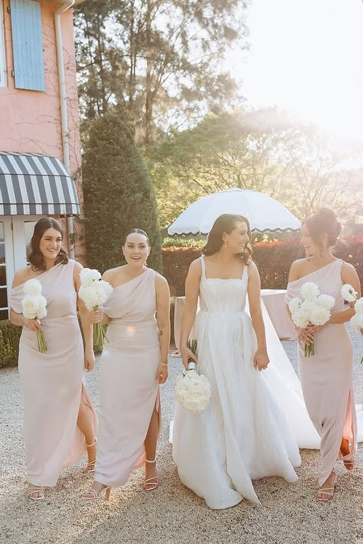 Pink One Shoulder Sleeveless Empire Long Bridesmaid Dress