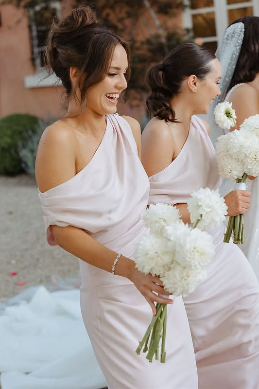 Pink One Shoulder Sleeveless Empire Long Bridesmaid Dress