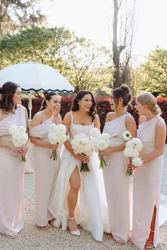 Pink One Shoulder Sleeveless Empire Long Bridesmaid Dress