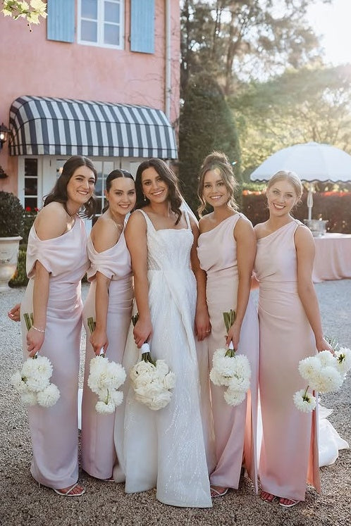 Pink One Shoulder Sleeveless Empire Long Bridesmaid Dress