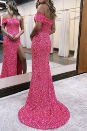 Pink One Shoulder Sleeveless Mermaid Sequins Prom Dress