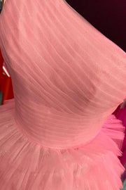 Pink One Shoulder Sleeveless Tulle A-Line Formal Prom Dress