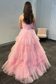 Pink One Shoulder Sleeveless Tulle A-Line Formal Prom Dress