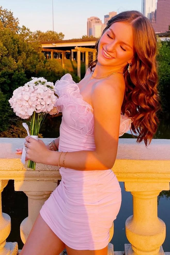 Pink Ruffle Strapless Satin Fitted Summer Homecoming Dress