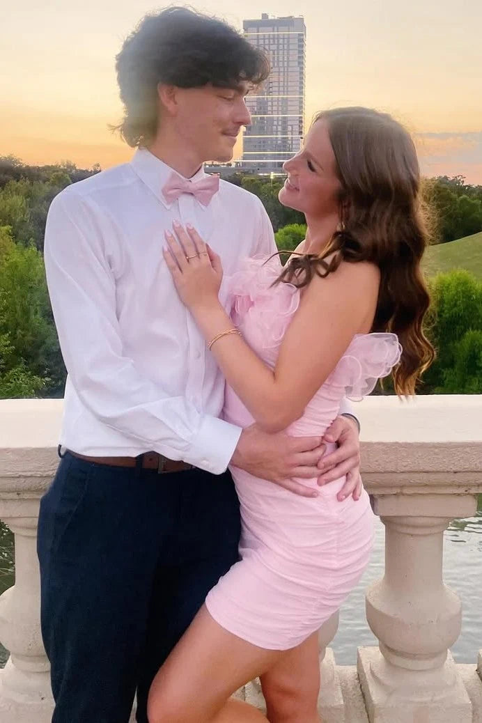 Pink Ruffle Strapless Satin Fitted Summer Homecoming Dress