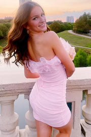 Pink Ruffle Strapless Satin Fitted Summer Homecoming Dress