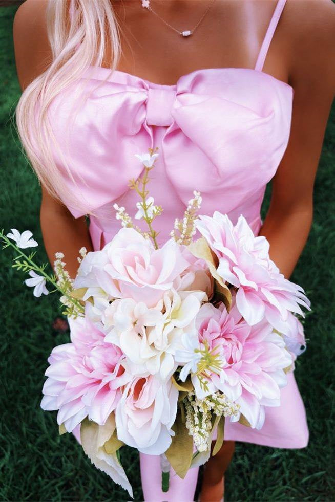 Pink Satin A-Line Bow Top Spaghetti Straps Empire Homecoming Dress