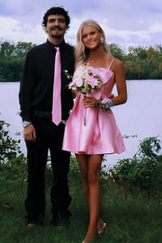 Pink Satin A-Line Bow Top Spaghetti Straps Empire Homecoming Dress
