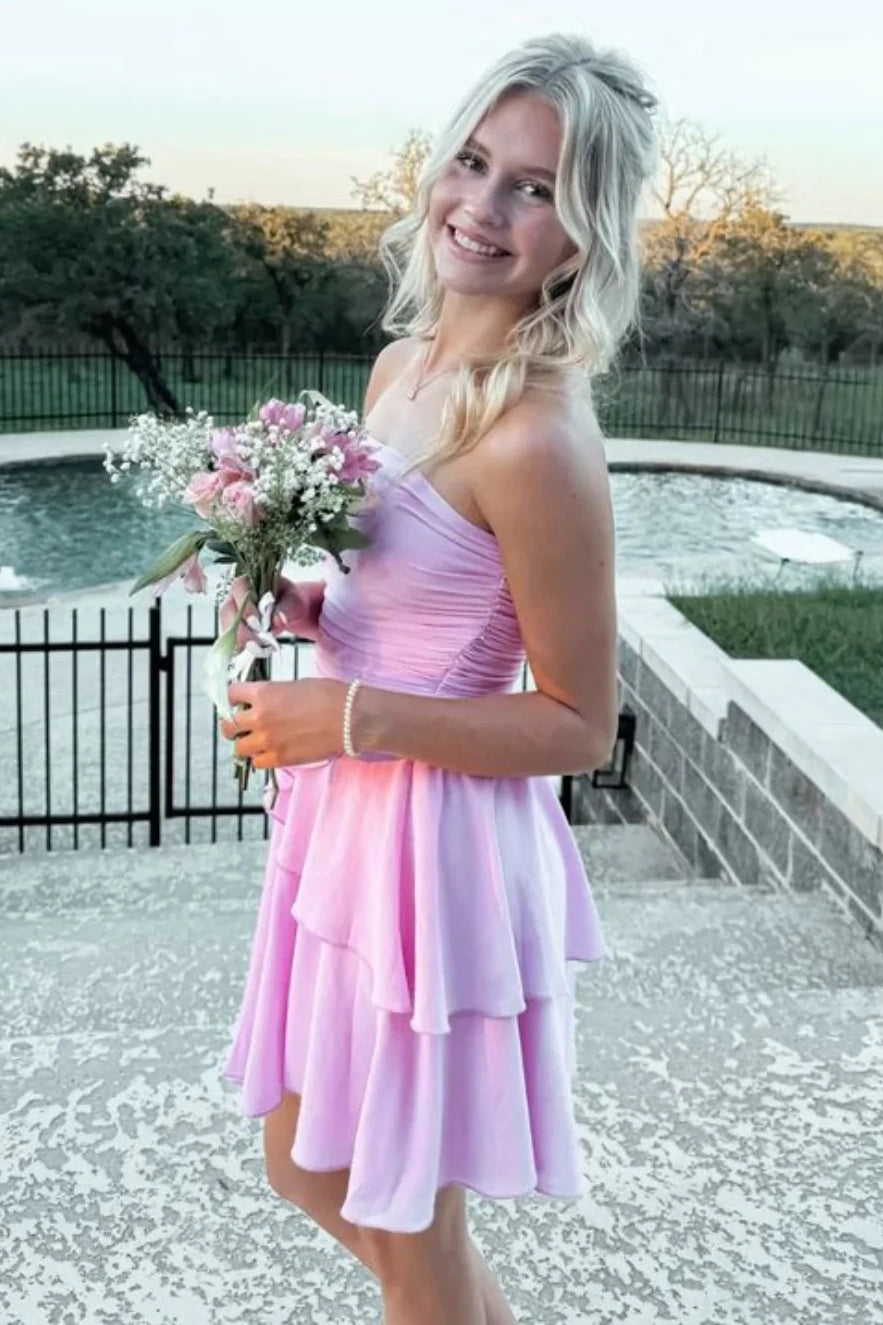 Pink Satin A-Line Empire Strapless Tiered Homecoming Dress