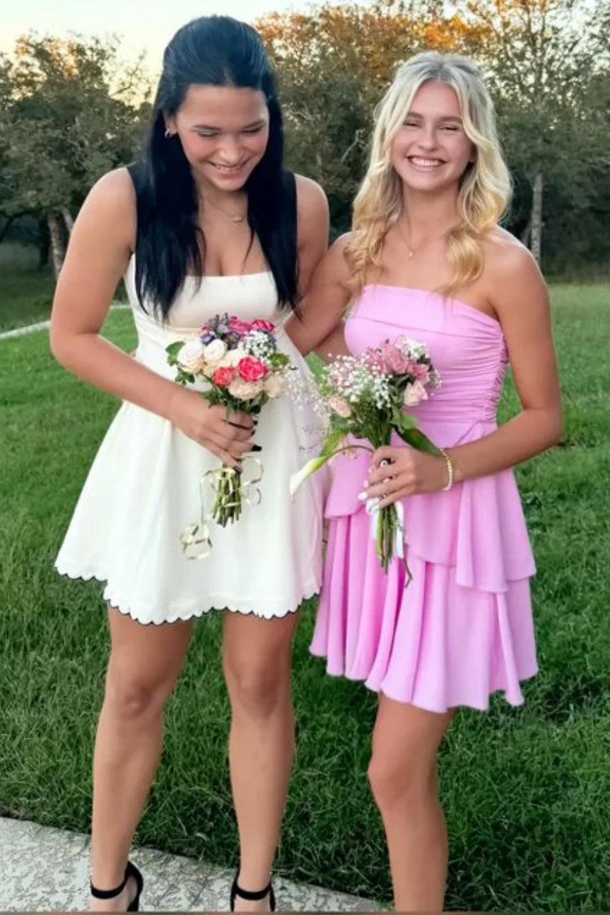 Pink Satin A-Line Empire Strapless Tiered Homecoming Dress