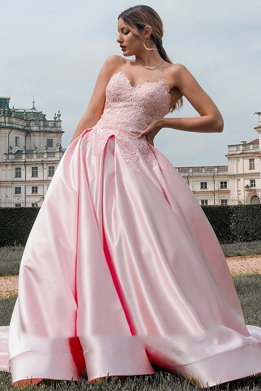 Pink Satin A-Line Lace Appliques Sweetheart Strapless Prom Dress