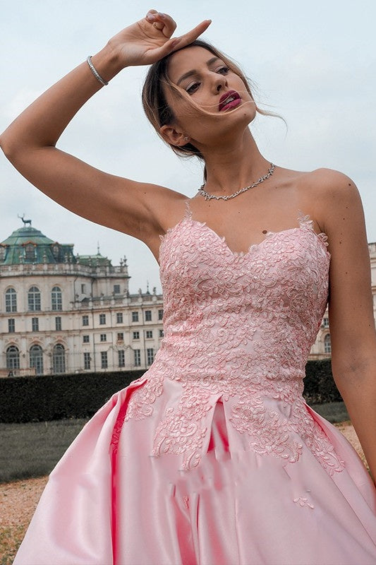 Pink Satin A-Line Lace Appliques Sweetheart Strapless Prom Dress