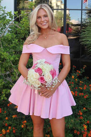 Pink Satin A-Line Off-Shoulder Empire Short Party Homecoming Dress