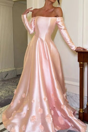 Pink Satin A-Line Off-Shoulder Long Sleeves Floral Party Prom Dress