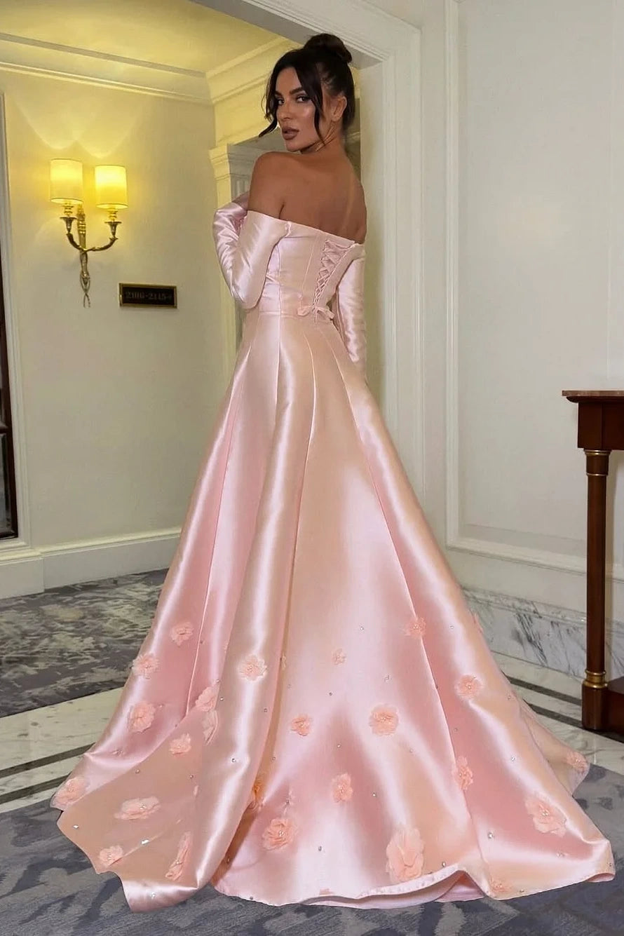 Pink Satin A-Line Off-Shoulder Long Sleeves Floral Party Prom Dress