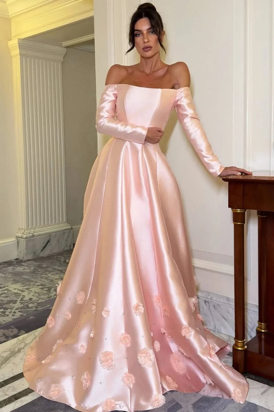 Pink Satin A-Line Off-Shoulder Long Sleeves Floral Party Prom Dress