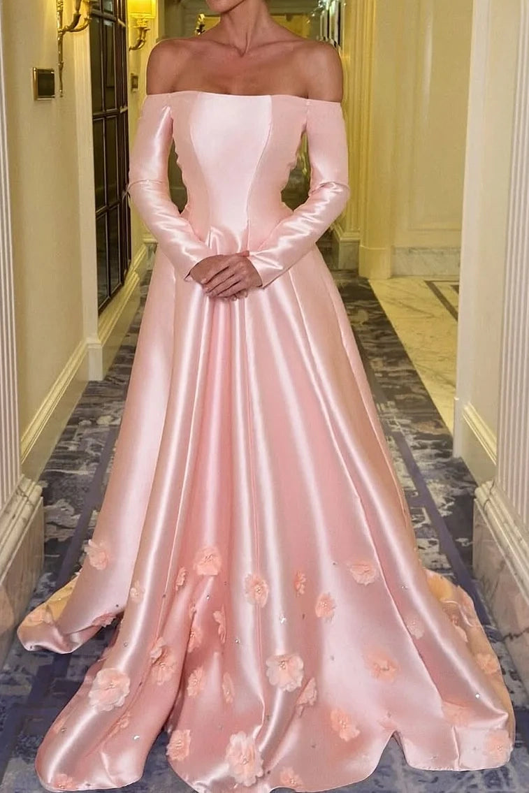 Pink Satin A-Line Off-Shoulder Long Sleeves Floral Party Prom Dress