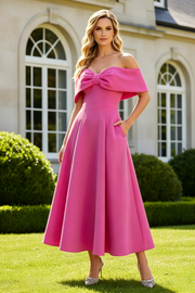 Pink Satin A-Line Off-Shoulder Mother Of The Bride Dress With Pockets