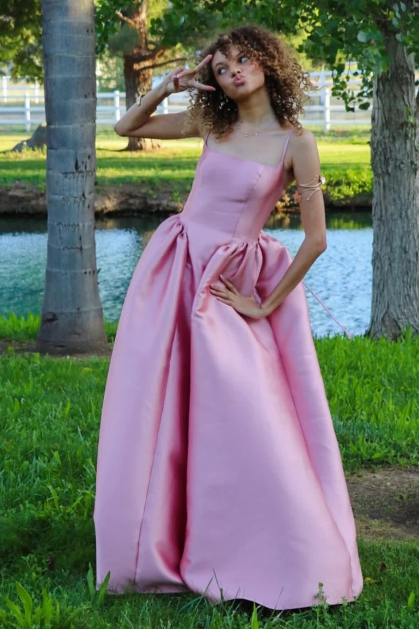 Pink Satin A-Line Square Spaghetti Straps Long Bridesmaid Dress