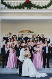 Pink Satin A-Line Square Spaghetti Straps Long Bridesmaid Dress
