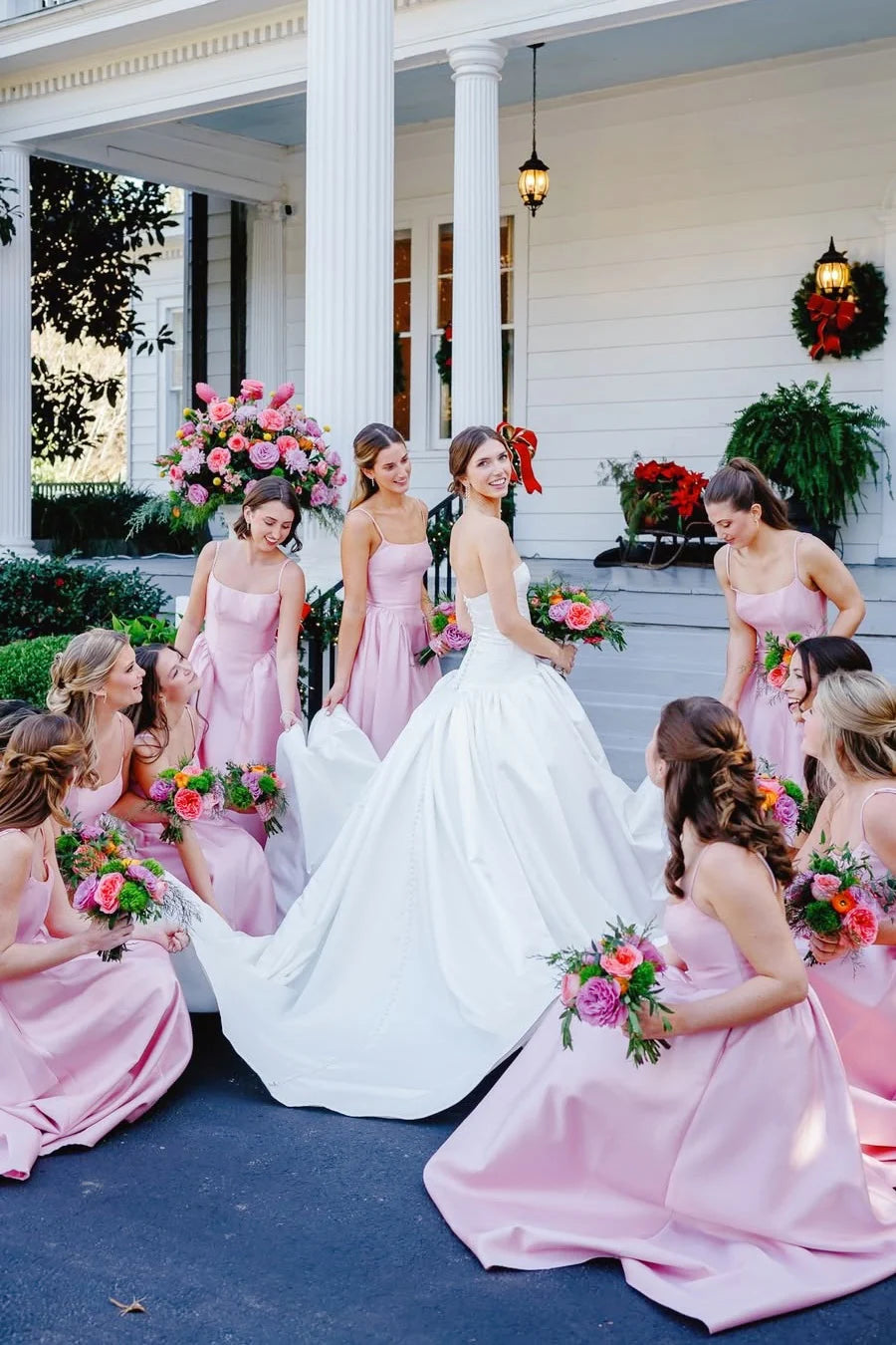 Pink Satin A-Line Square Spaghetti Straps Long Bridesmaid Dress