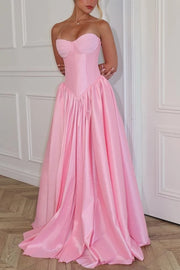 Pink Satin A-Line Strapless Casual Pleated Party Prom Dress