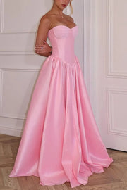 Pink Satin A-Line Strapless Casual Pleated Party Prom Dress