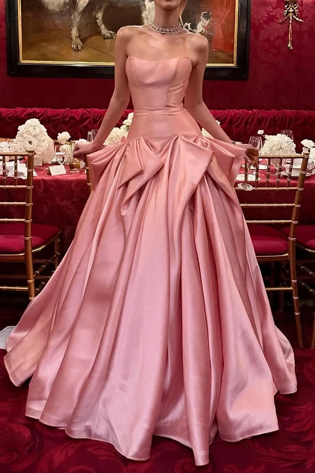 Pink Satin A-Line Strapless Empire Pleated Party Prom Dress