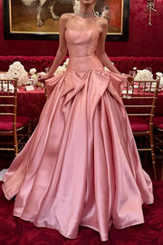 Pink Satin A-Line Strapless Empire Pleated Party Prom Dress
