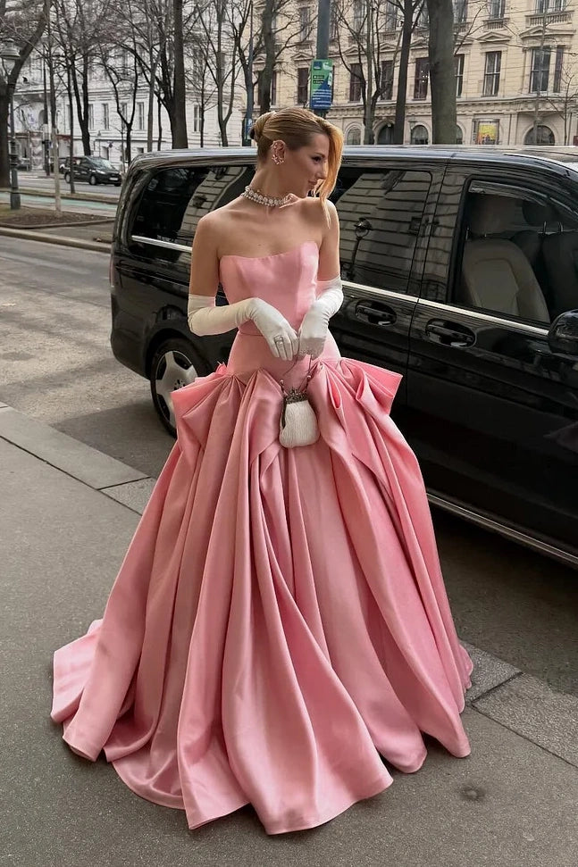 Pink Satin A-Line Strapless Empire Pleated Party Prom Dress