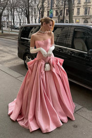 Pink Satin A-Line Strapless Empire Pleated Party Prom Dress