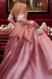 Pink Satin A-Line Strapless Empire Pleated Party Prom Dress