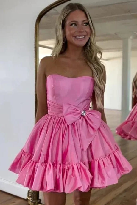 Pink Satin A-Line Strapless Homecoming Dress With Bow Pink / Custom Size Pink Satin A-Line Strapless Homecoming Dress With Bow Pink / Custom Size