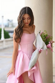 Pink Satin A-Line Strapless Party Prom Dress With High Slit