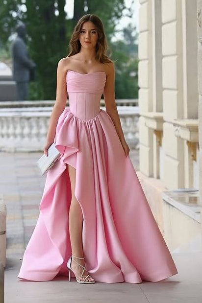 Pink Satin A-Line Strapless Party Prom Dress With High Slit