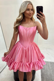 Pink Satin A-Line Strapless Ruffle Short Party Homecoming Dress