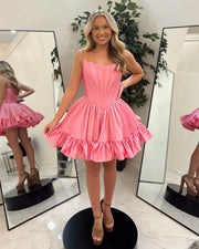 Pink Satin A-Line Strapless Ruffle Short Party Homecoming Dress