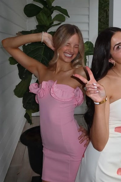 Pink Satin Bodycon Ruffle Straps Mini Homecoming Graduation Dress