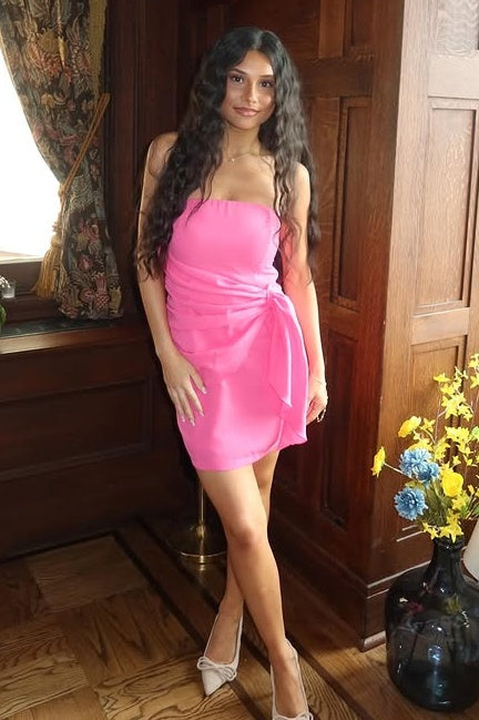 Pink Satin Sheath Empire Strapless Short Party Homecoming Dress