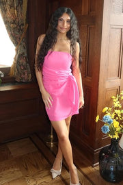 Pink Satin Sheath Empire Strapless Short Party Homecoming Dress