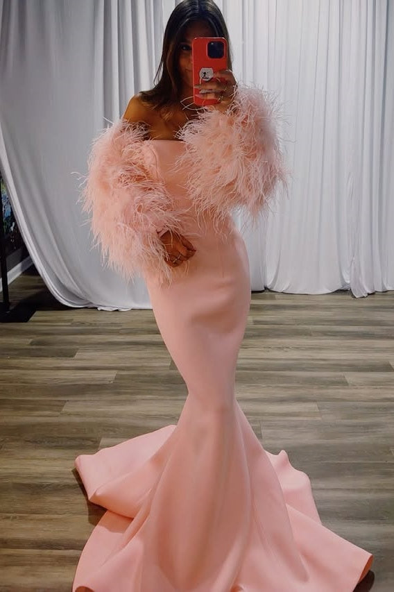Pink Satin Strapless Mermaid Party Prom Dress With Feather Sleeves