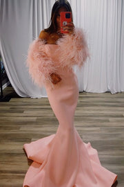 Pink Satin Strapless Mermaid Party Prom Dress With Feather Sleeves