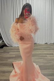 Pink Satin Strapless Mermaid Party Prom Dress With Feather Sleeves