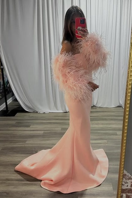 Pink Satin Strapless Mermaid Party Prom Dress With Feather Sleeves