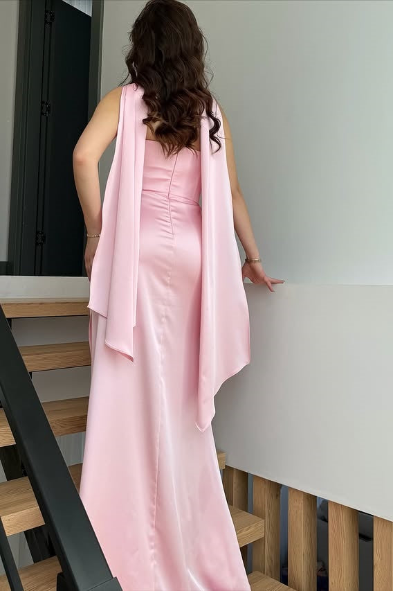 Pink Satin Strapless Ruched Empire Mermaid Party Prom Dress