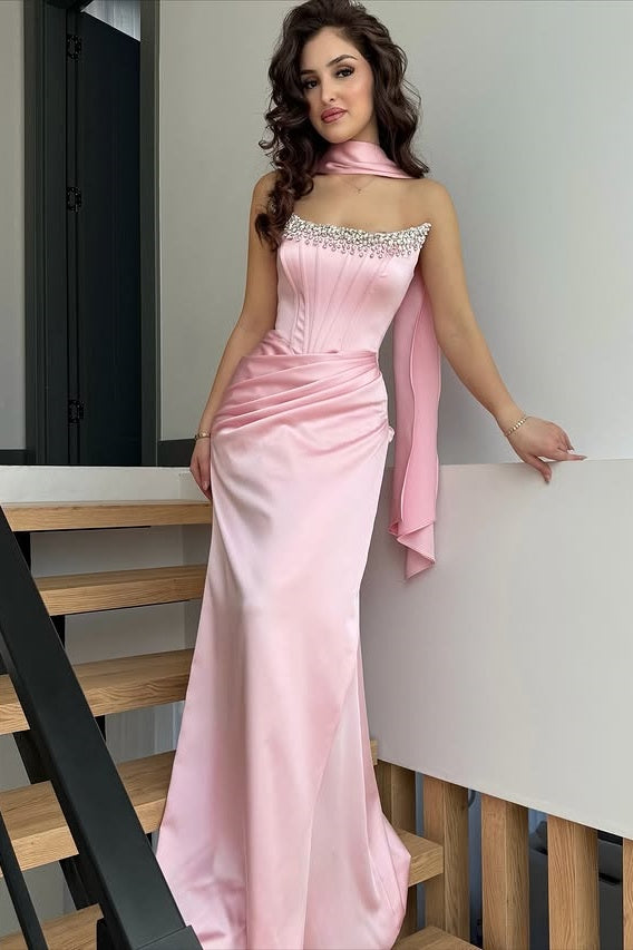 Pink Satin Strapless Ruched Empire Mermaid Party Prom Dress