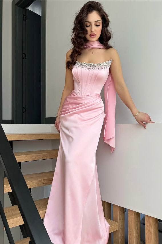 Pink Satin Strapless Ruched Empire Mermaid Party Prom Dress