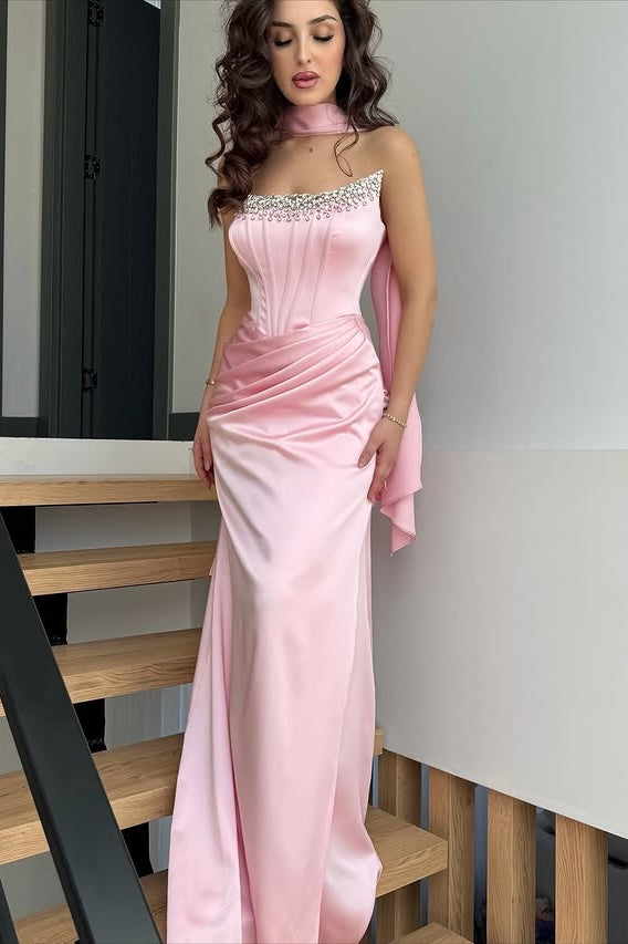 Pink Satin Strapless Ruched Empire Mermaid Party Prom Dress